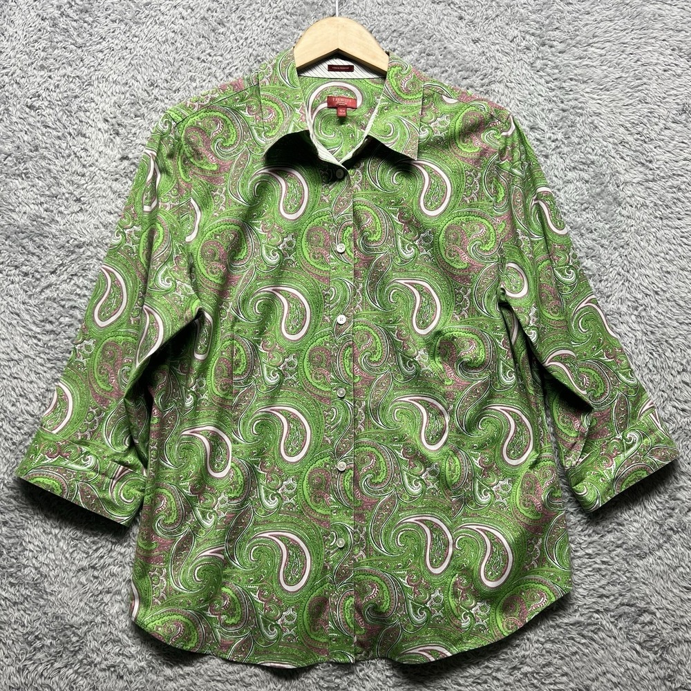 Talbots Top Womens 16W Green Pink Paisley Wrinkle Resistant Button Up 3/4 Sleeve
